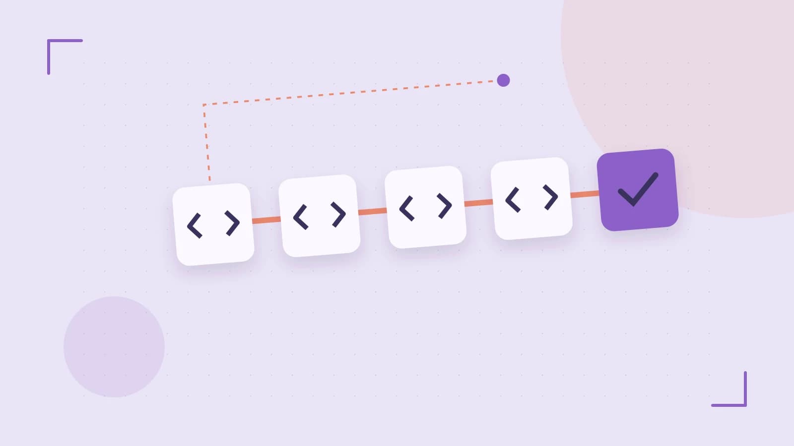 Editorial illustration of a branching build pipeline, staged transformations and a completed check
