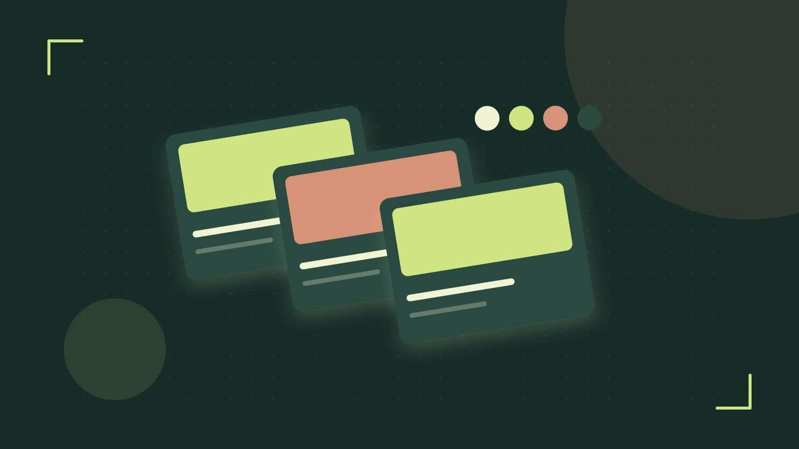 Editorial illustration of responsive browser layouts, overlapping design components and a color system
