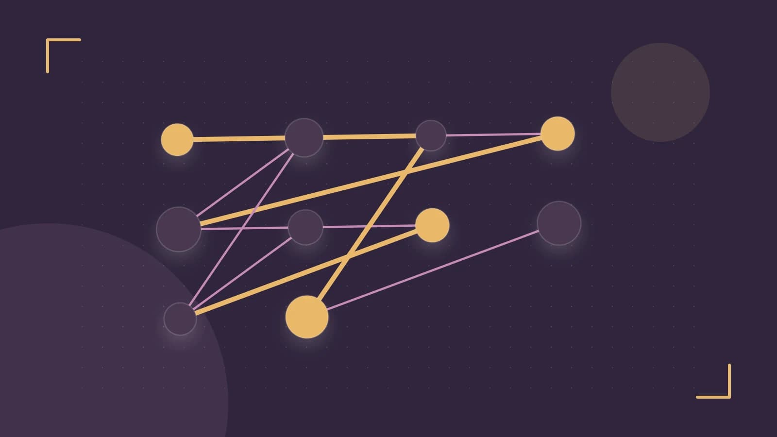 Editorial illustration of an algorithmic node graph with branching paths and a highlighted result