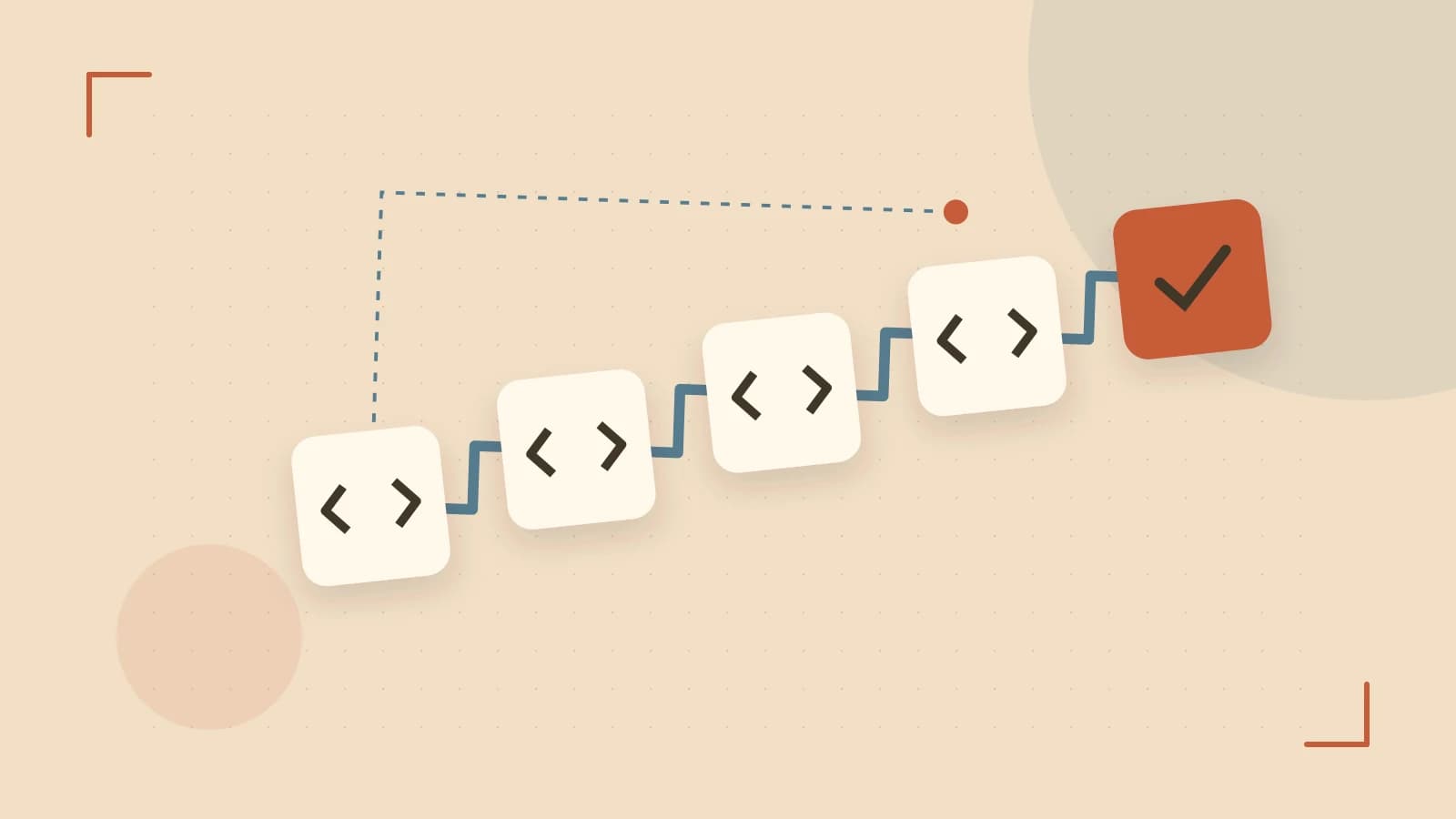 Editorial illustration of a branching build pipeline, staged transformations and a completed check