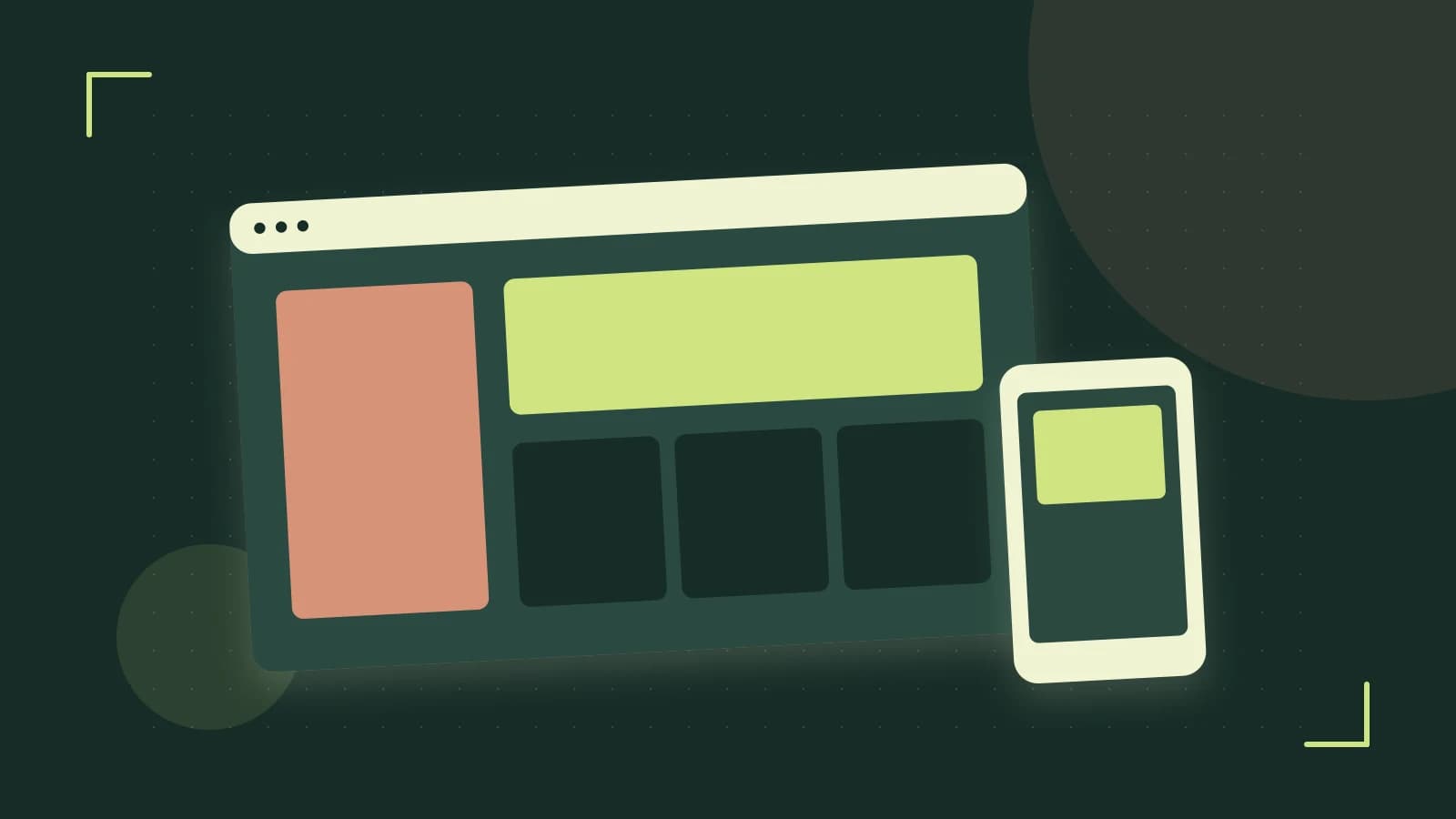 Editorial illustration of responsive browser layouts, overlapping design components and a color system
