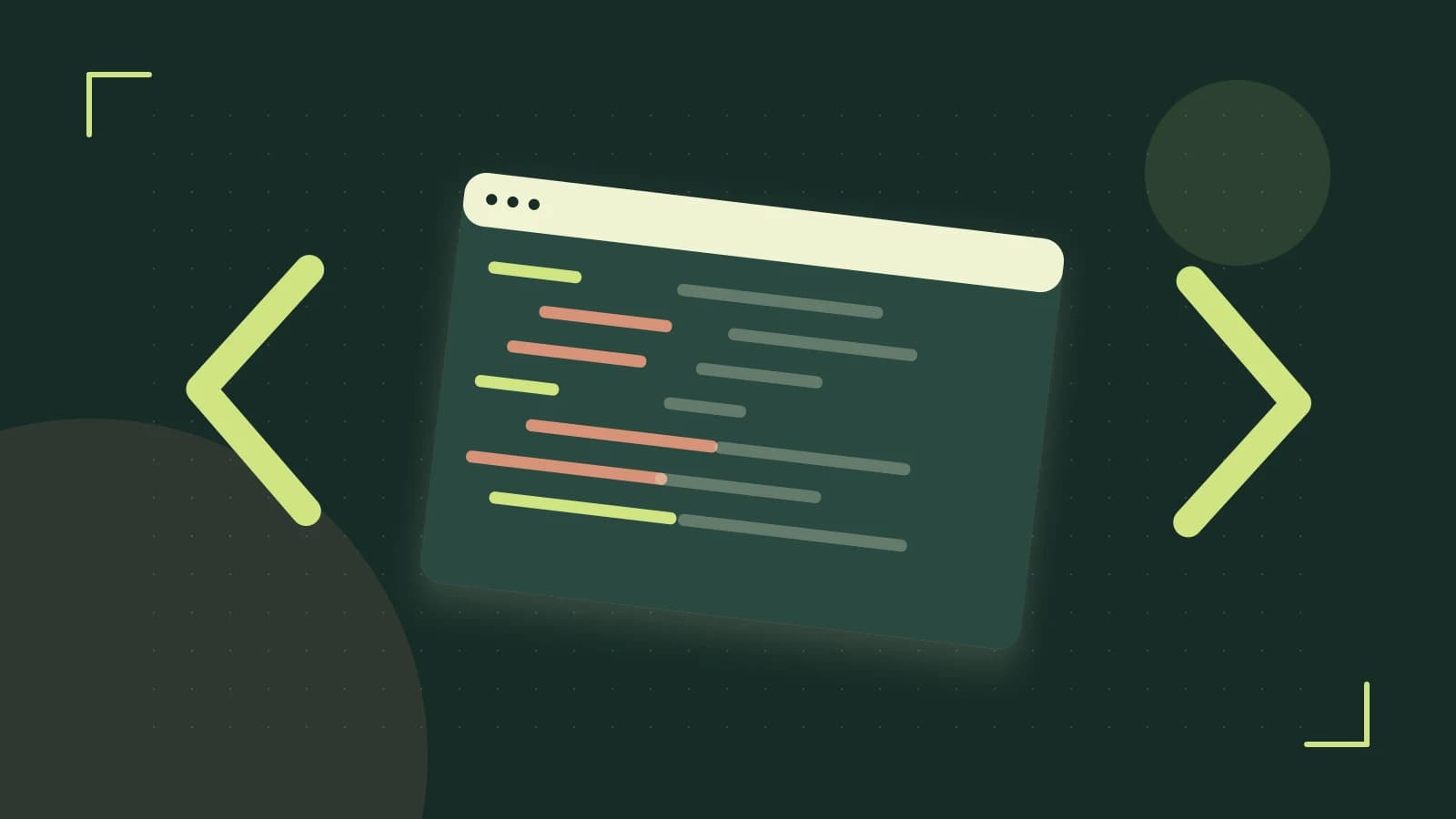 Editorial illustration of an abstract code editor, syntax blocks and oversized programming brackets