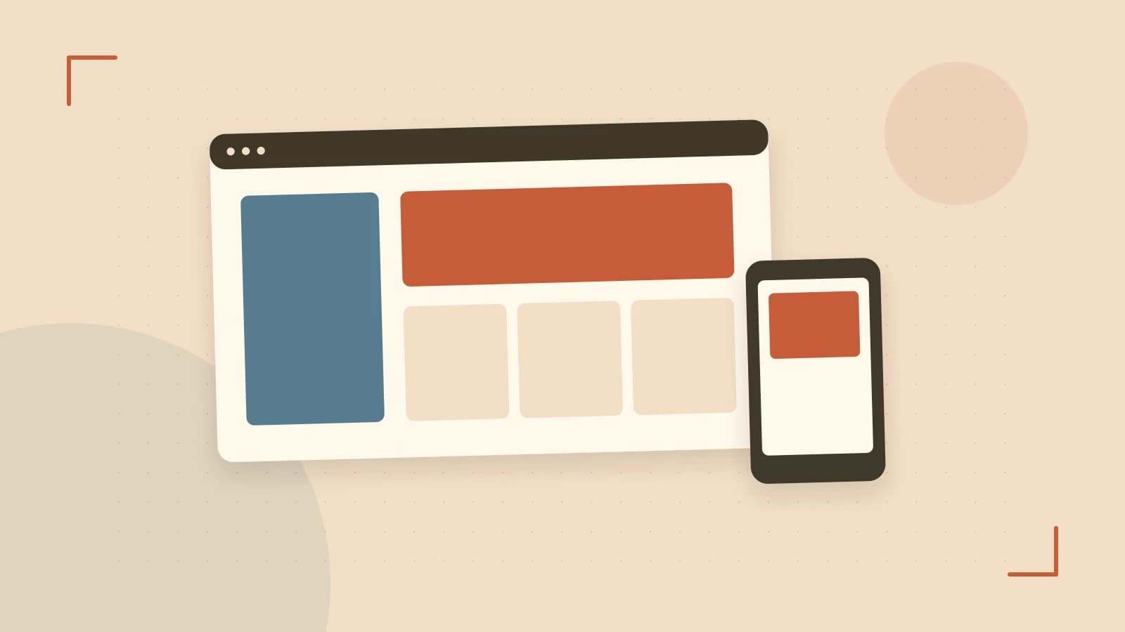 Editorial illustration of responsive browser layouts, overlapping design components and a color system