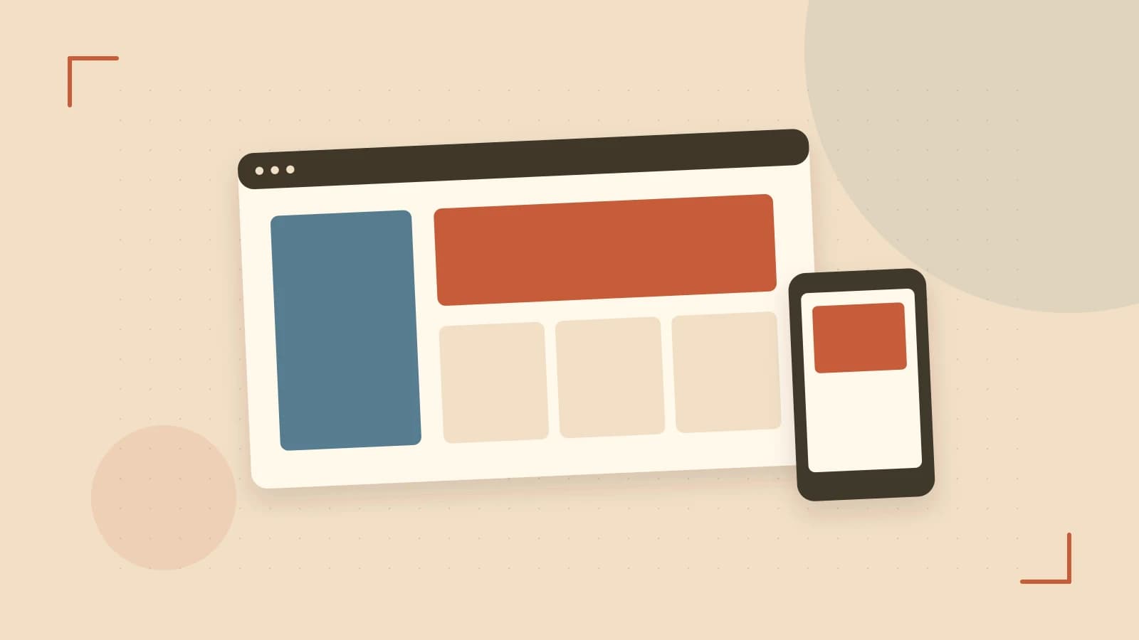 Editorial illustration of responsive browser layouts, overlapping design components and a color system