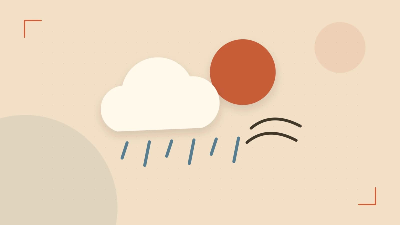 Editorial illustration of a sun, layered clouds, raindrops and flowing weather patterns