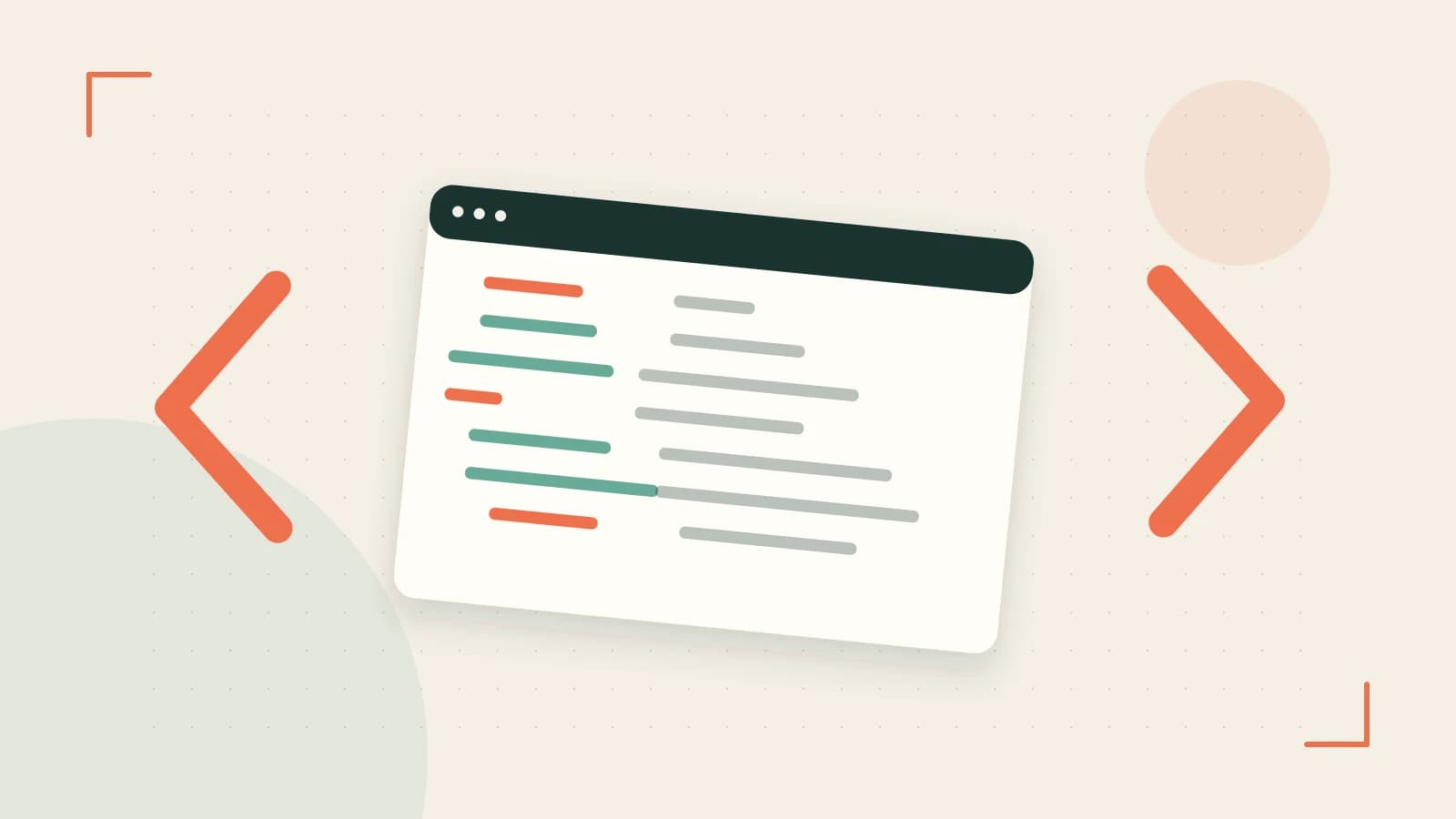 Editorial illustration of an abstract code editor, syntax blocks and oversized programming brackets