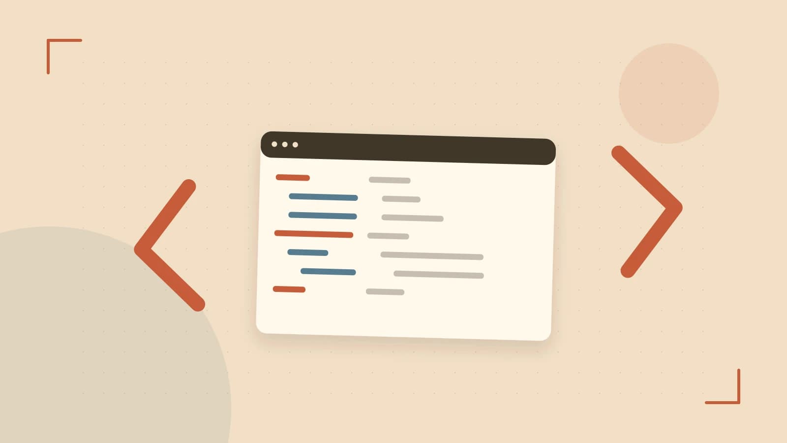 Editorial illustration of an abstract code editor, syntax blocks and oversized programming brackets
