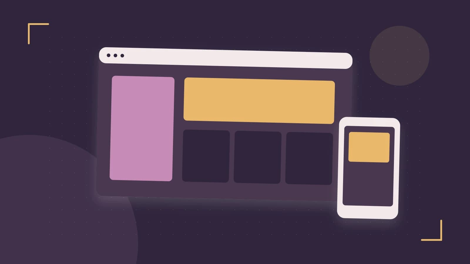 Editorial illustration of responsive browser layouts, overlapping design components and a color system