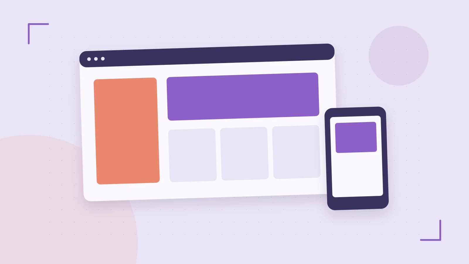 Editorial illustration of responsive browser layouts, overlapping design components and a color system