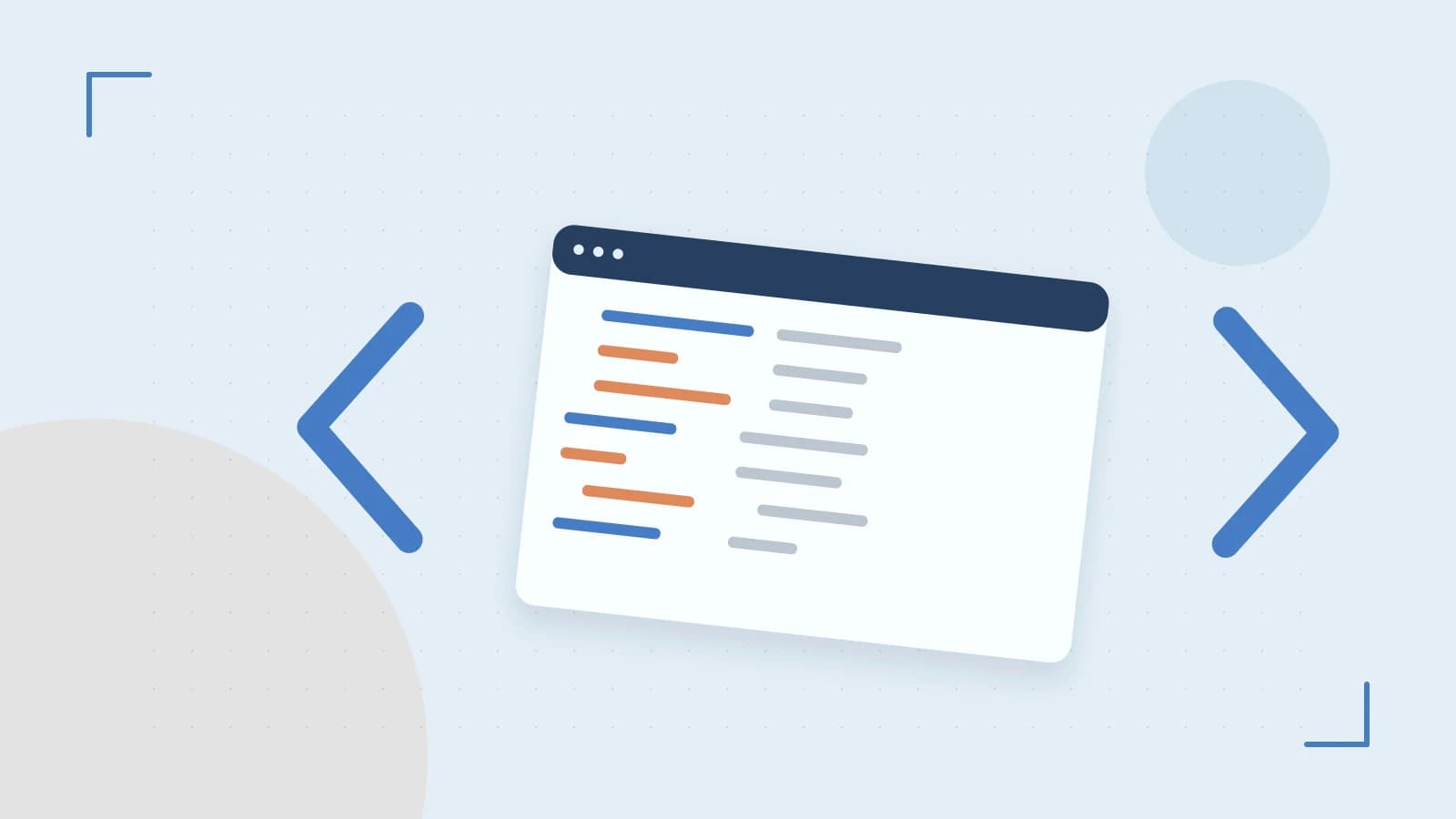 Editorial illustration of an abstract code editor, syntax blocks and oversized programming brackets
