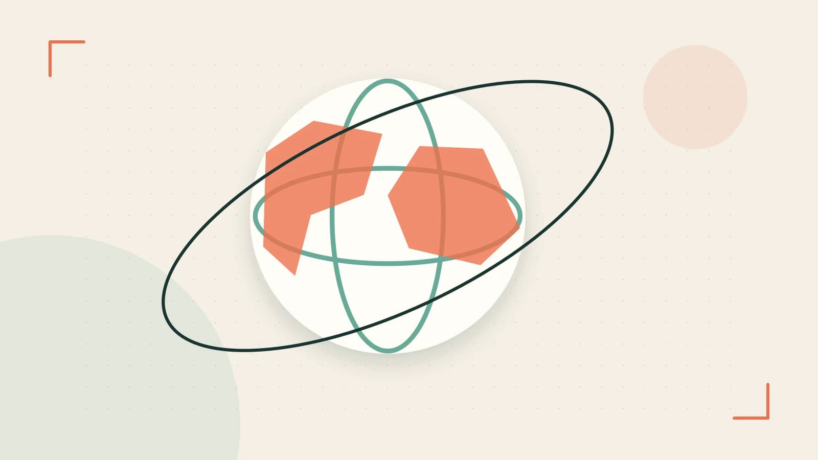 Editorial illustration of an editorial globe with meridians and layered geographic shapes