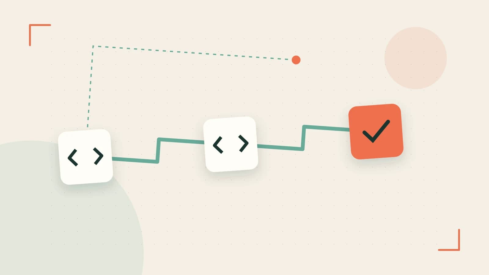 Editorial illustration of a branching build pipeline, staged transformations and a completed check