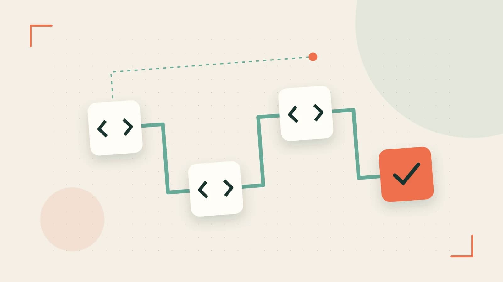Editorial illustration of a branching build pipeline, staged transformations and a completed check