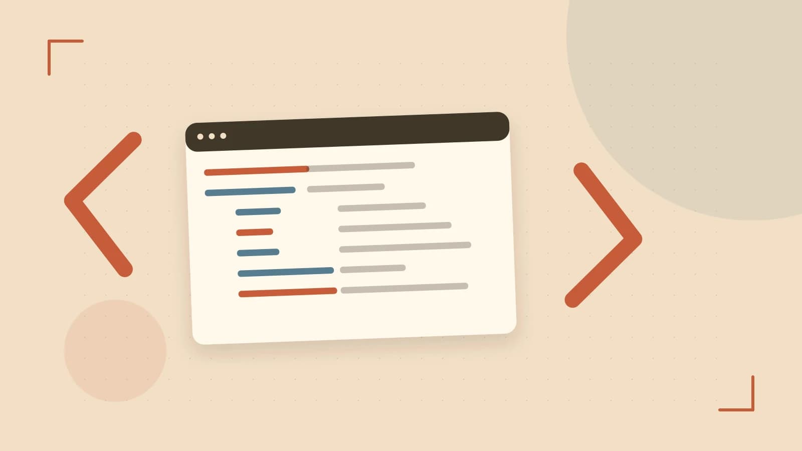 Editorial illustration of an abstract code editor, syntax blocks and oversized programming brackets