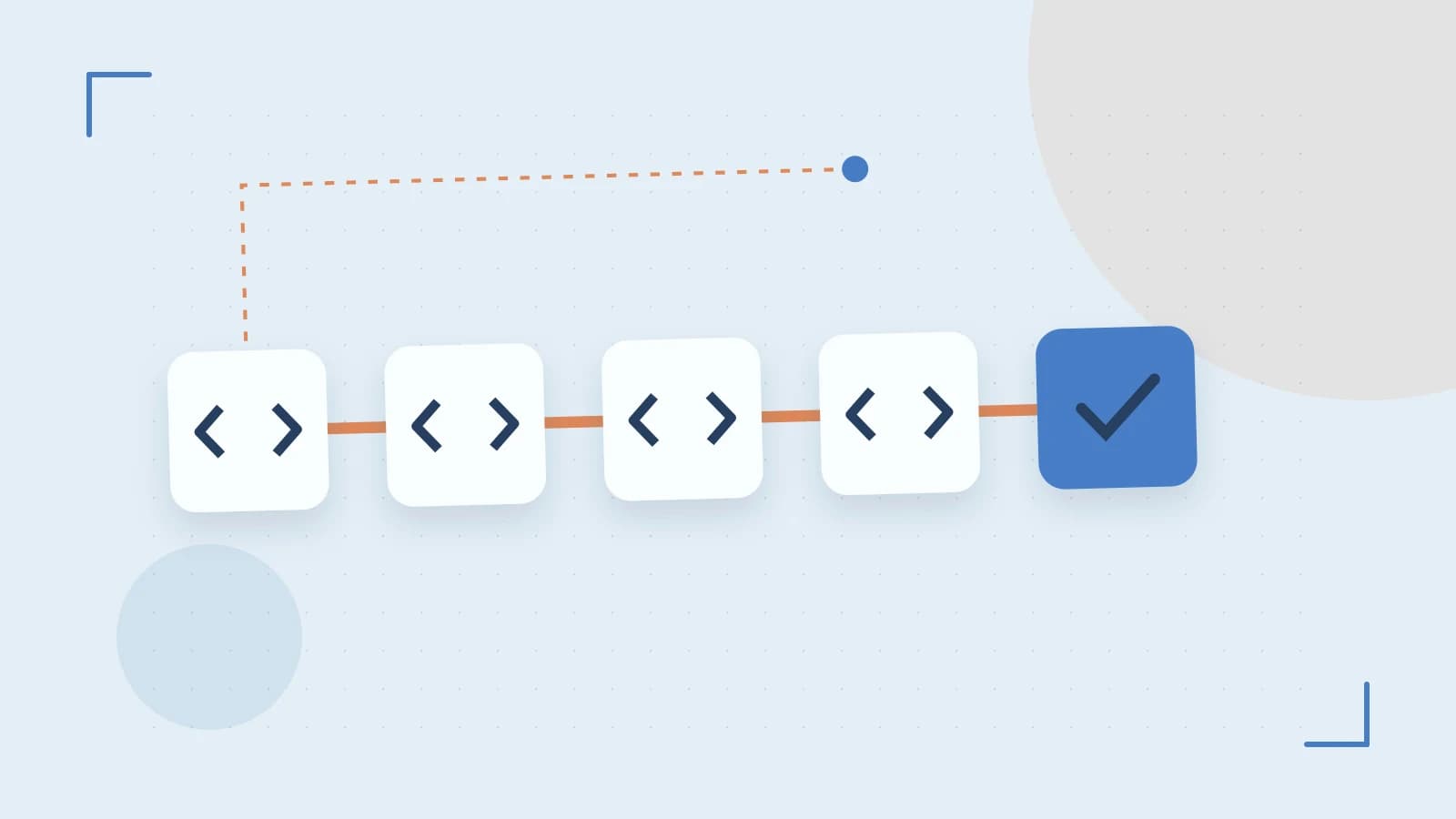 Editorial illustration of a branching build pipeline, staged transformations and a completed check