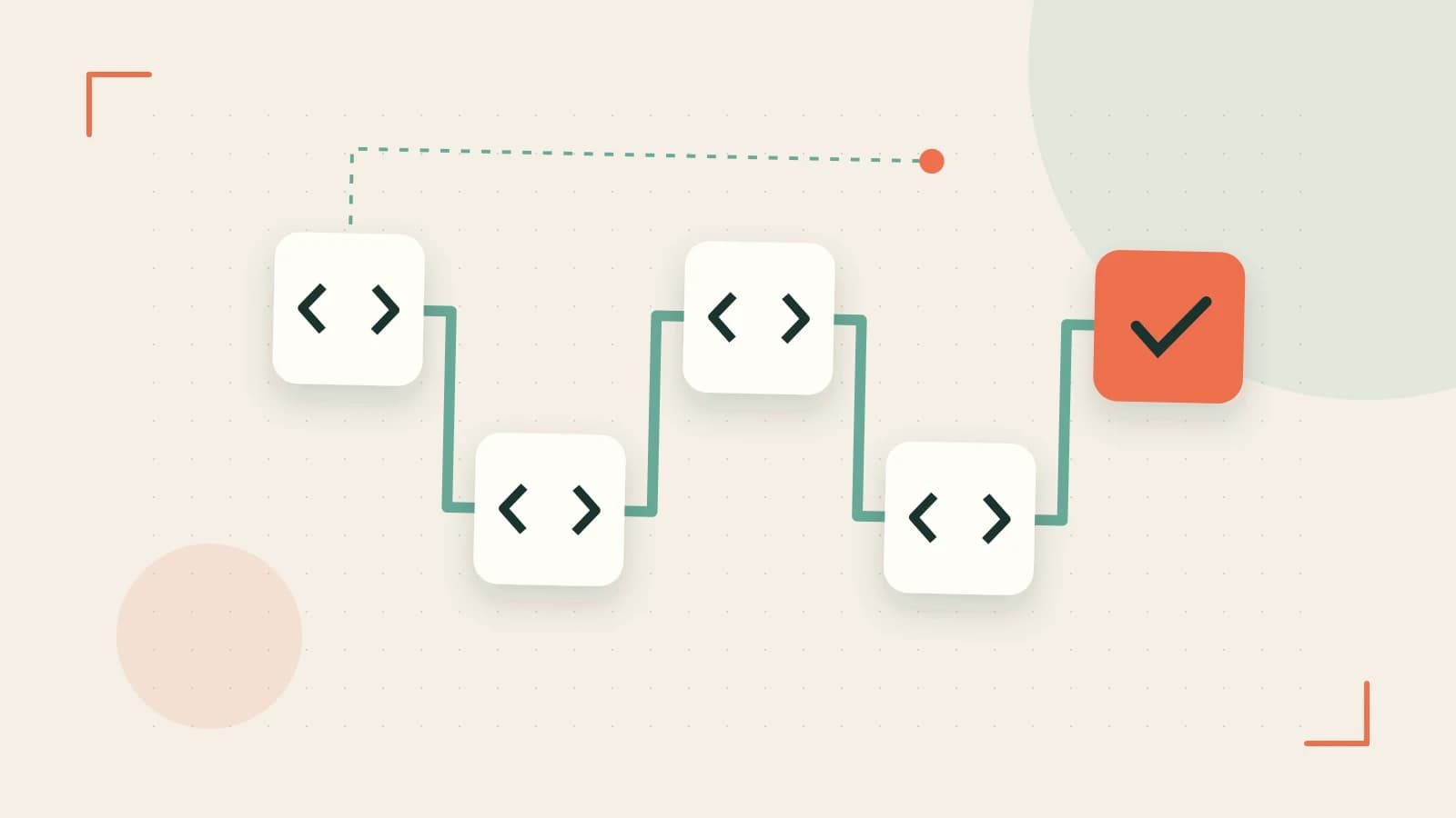 Editorial illustration of a branching build pipeline, staged transformations and a completed check