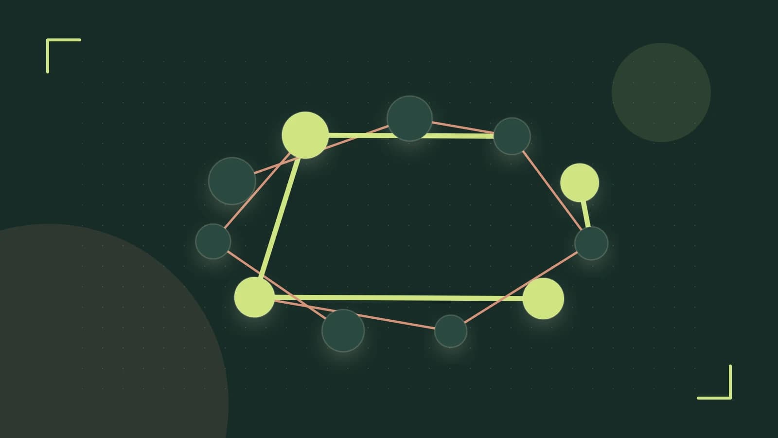 Editorial illustration of an algorithmic node graph with branching paths and a highlighted result