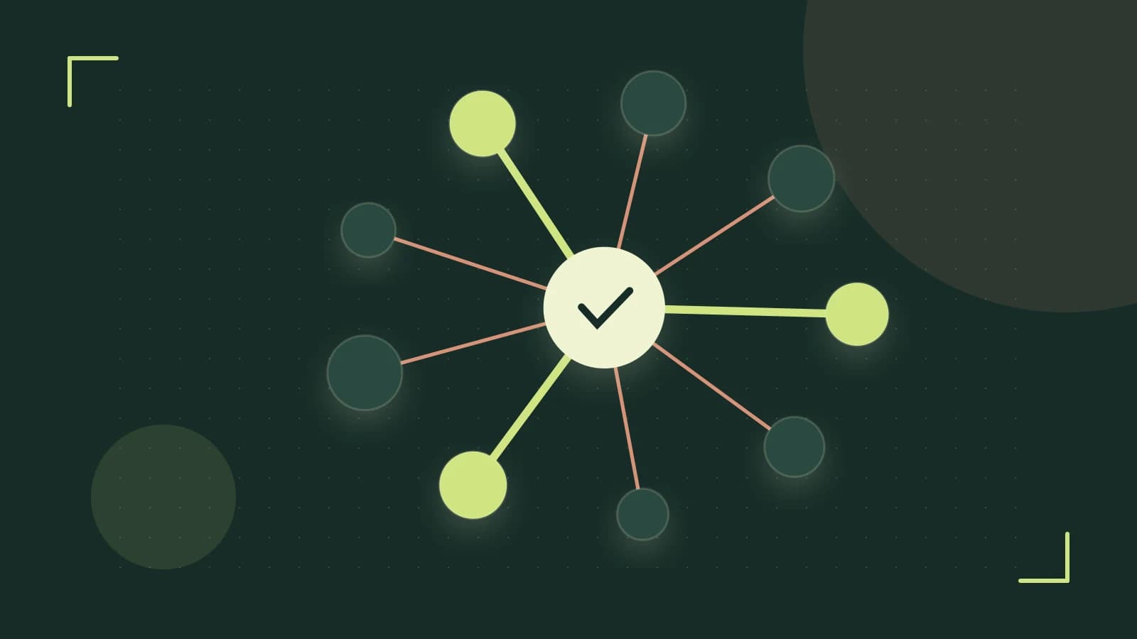 Editorial illustration of an algorithmic node graph with branching paths and a highlighted result