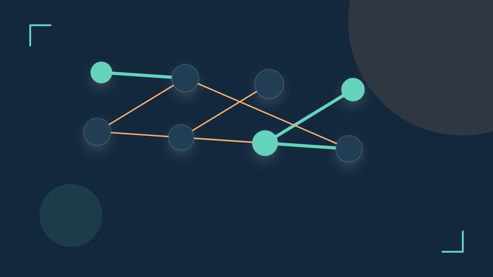 Editorial illustration of an algorithmic node graph with branching paths and a highlighted result