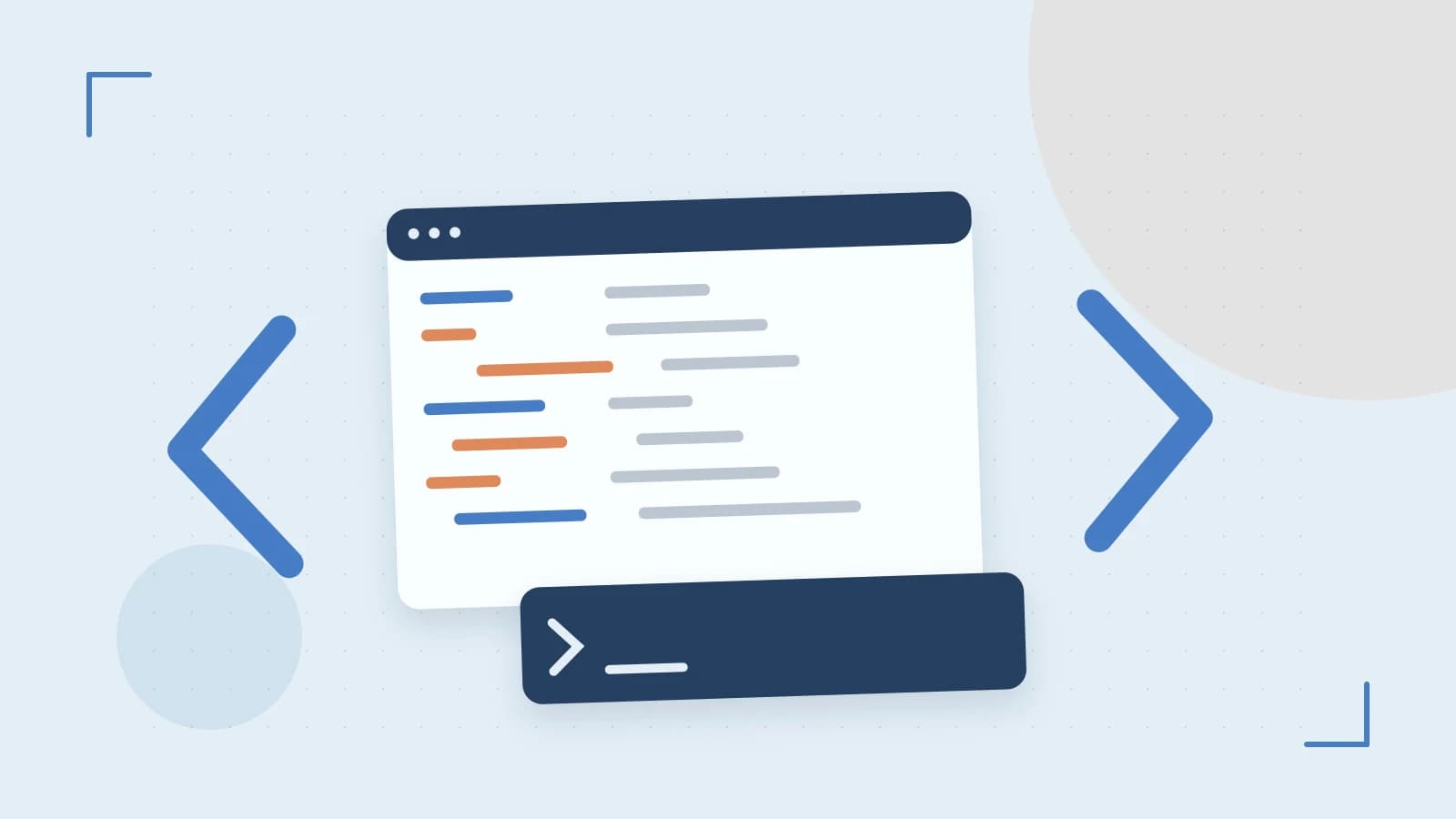 Editorial illustration of an abstract code editor, syntax blocks and oversized programming brackets