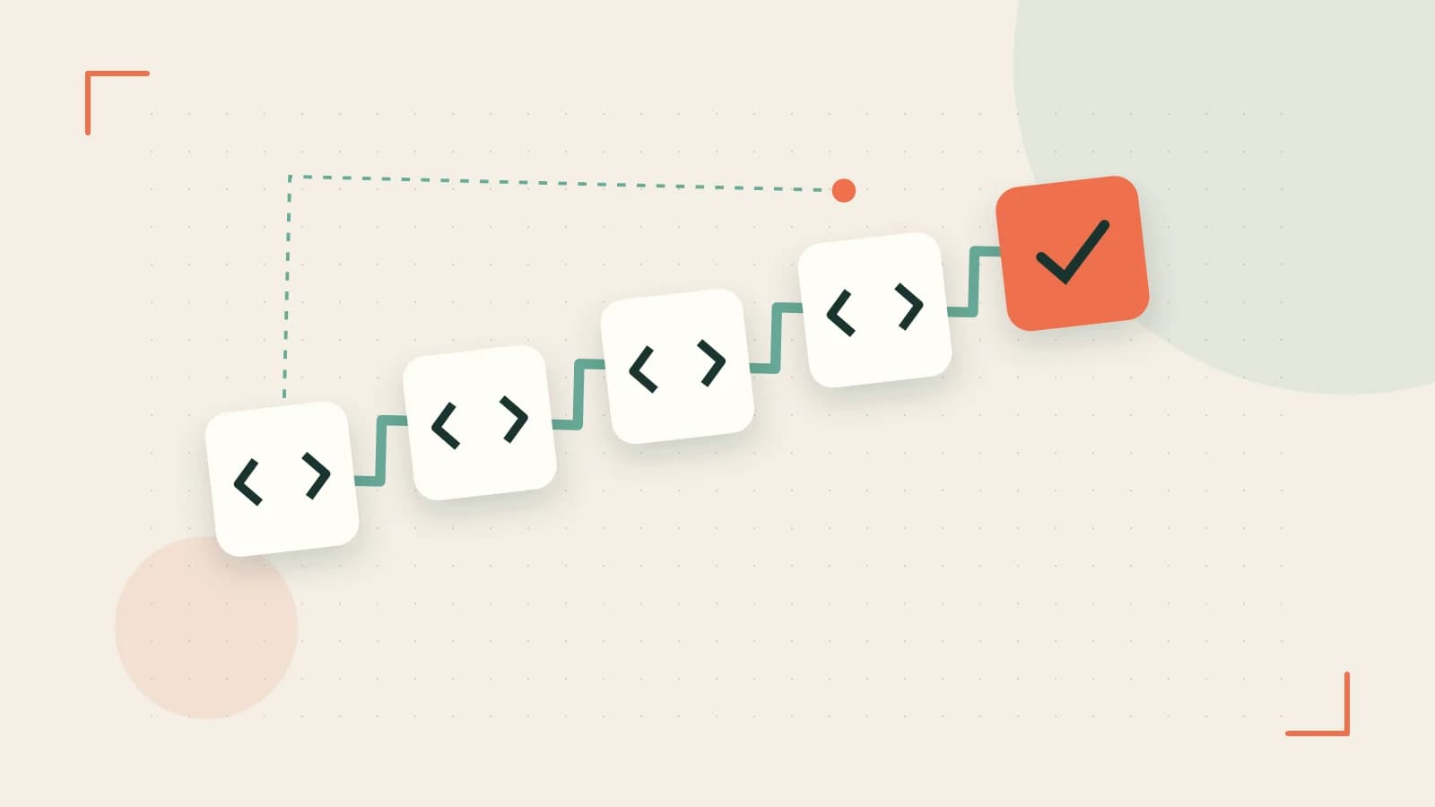 Editorial illustration of a branching build pipeline, staged transformations and a completed check