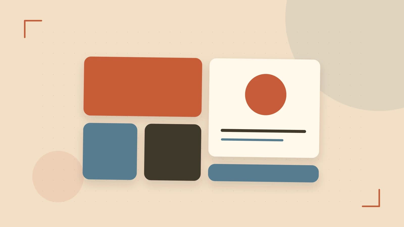 Editorial illustration of responsive browser layouts, overlapping design components and a color system