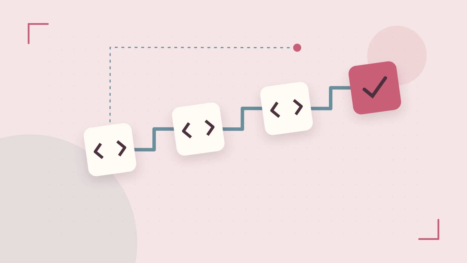 Editorial illustration of a branching build pipeline, staged transformations and a completed check