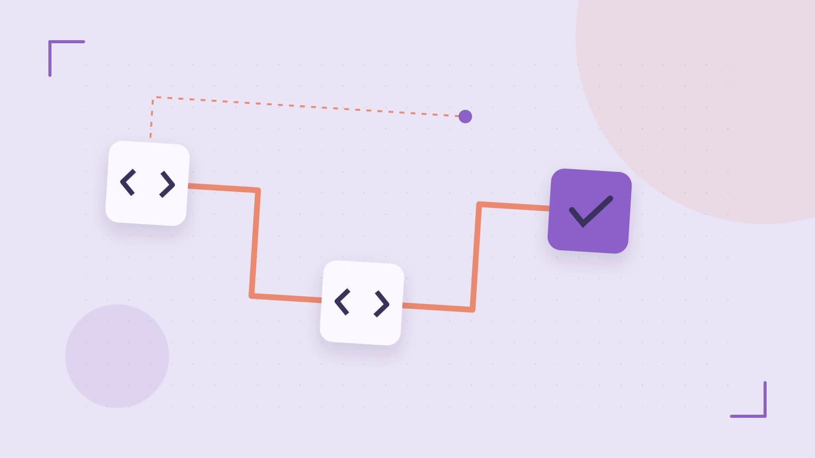 Editorial illustration of a branching build pipeline, staged transformations and a completed check