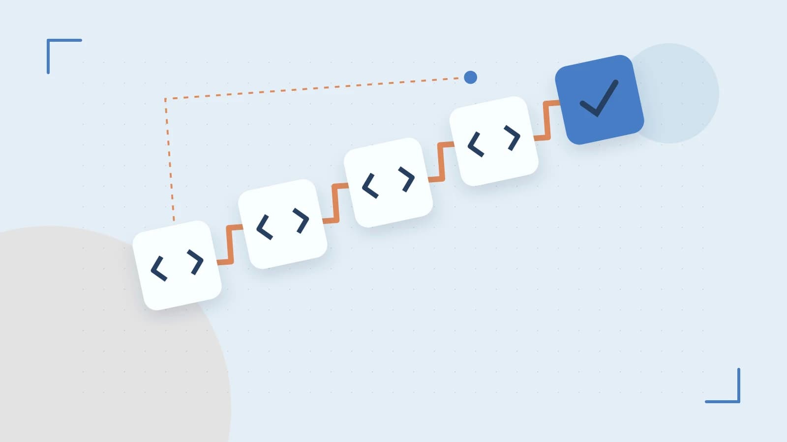 Editorial illustration of a branching build pipeline, staged transformations and a completed check