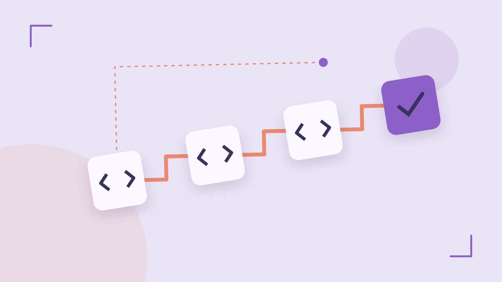 Editorial illustration of a branching build pipeline, staged transformations and a completed check