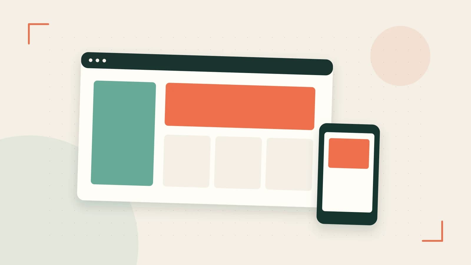 Editorial illustration of responsive browser layouts, overlapping design components and a color system