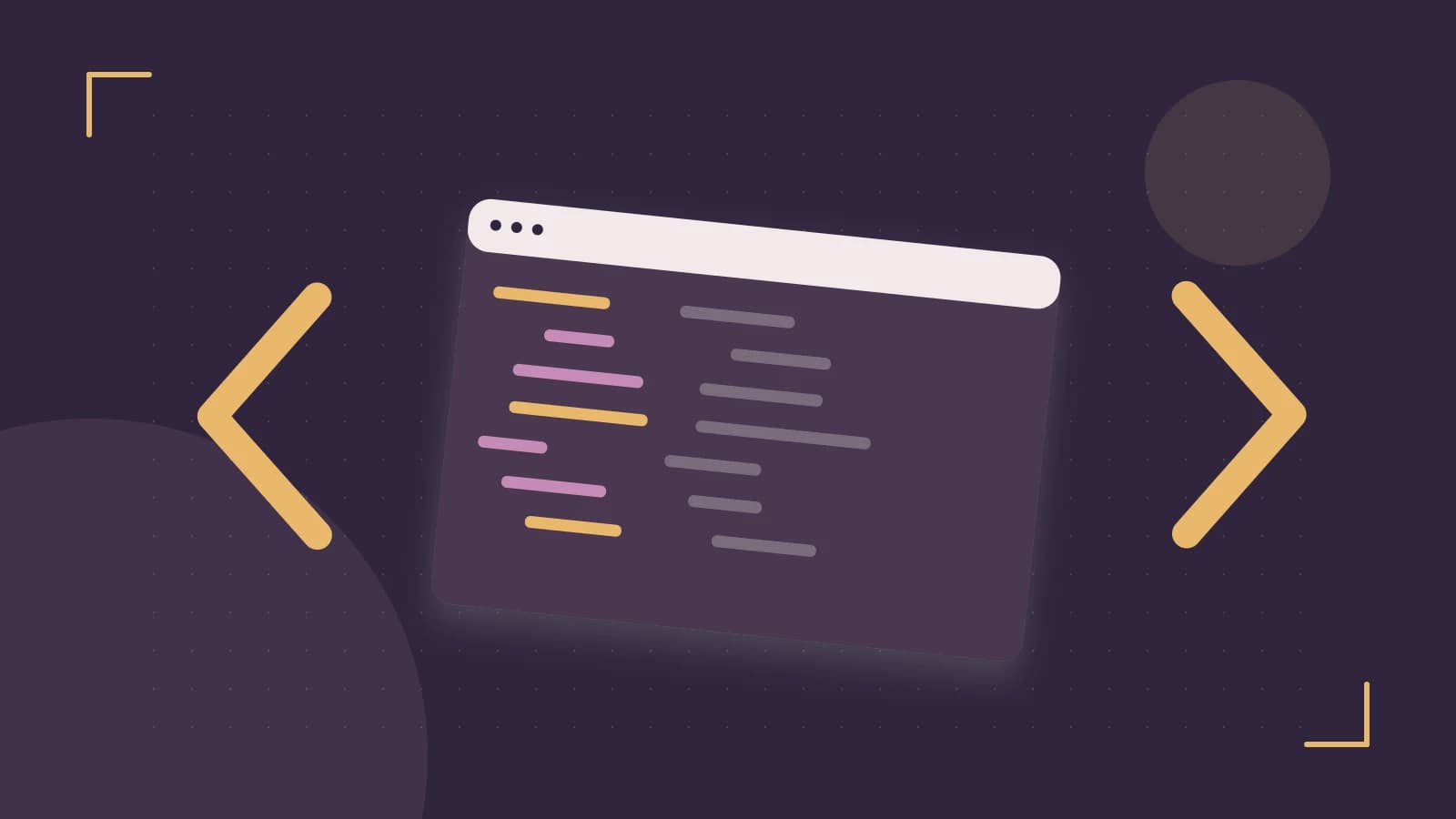 Editorial illustration of an abstract code editor, syntax blocks and oversized programming brackets