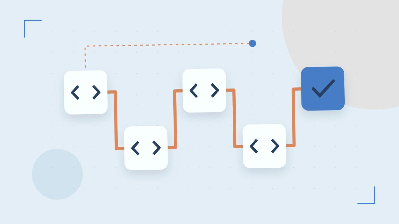 Editorial illustration of a branching build pipeline, staged transformations and a completed check