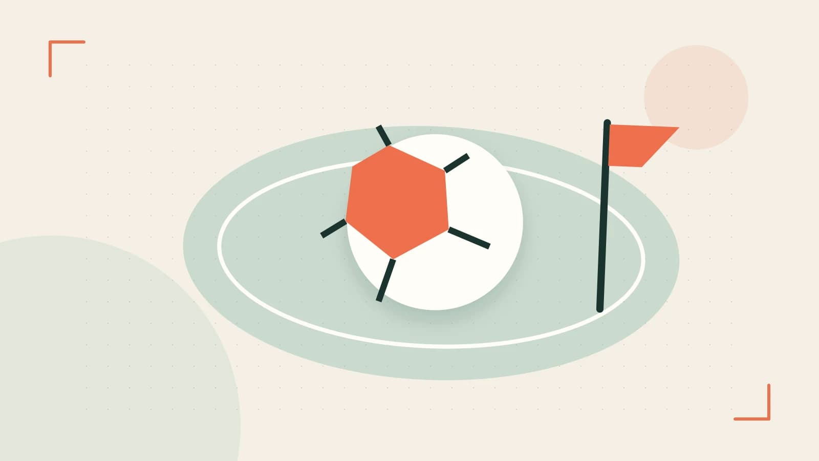 Editorial illustration of a stylized sports ball, stadium geometry and dynamic arcs