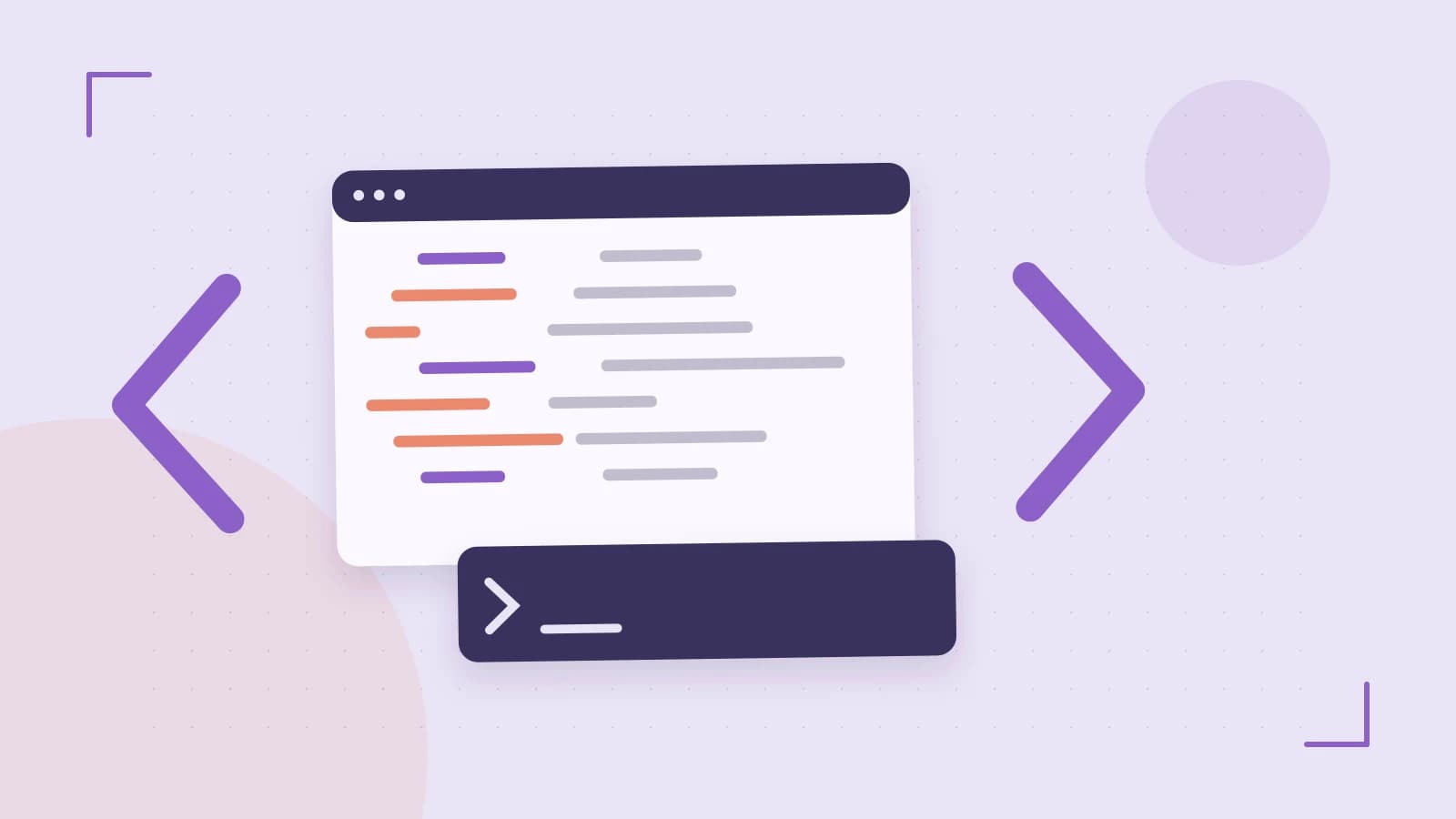 Editorial illustration of an abstract code editor, syntax blocks and oversized programming brackets