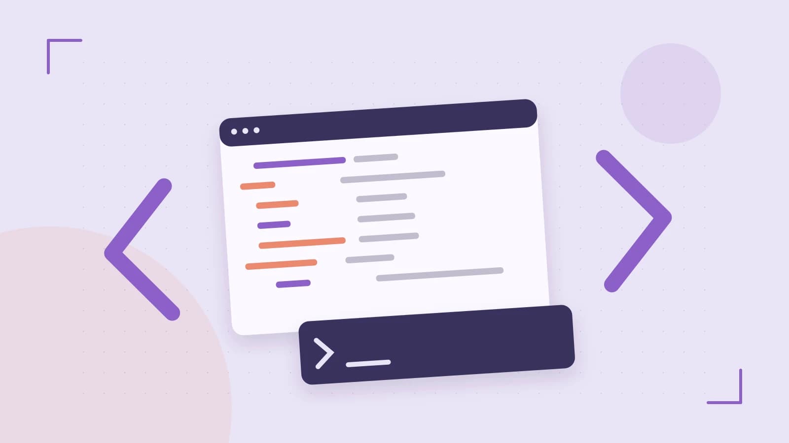 Editorial illustration of an abstract code editor, syntax blocks and oversized programming brackets
