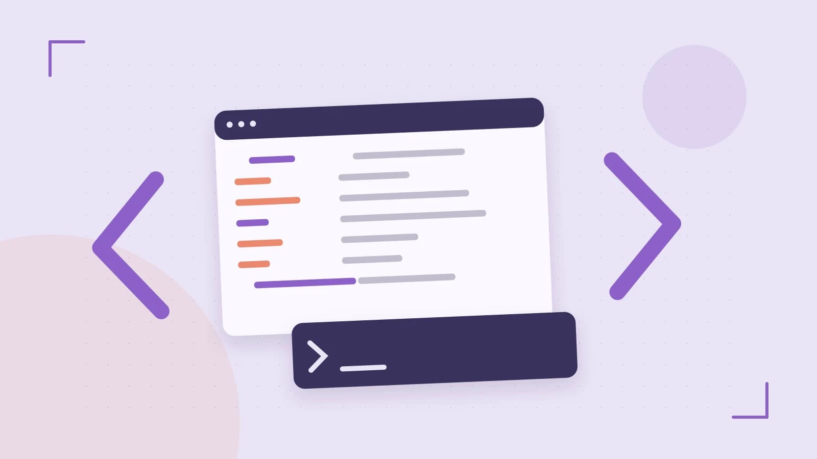 Editorial illustration of an abstract code editor, syntax blocks and oversized programming brackets