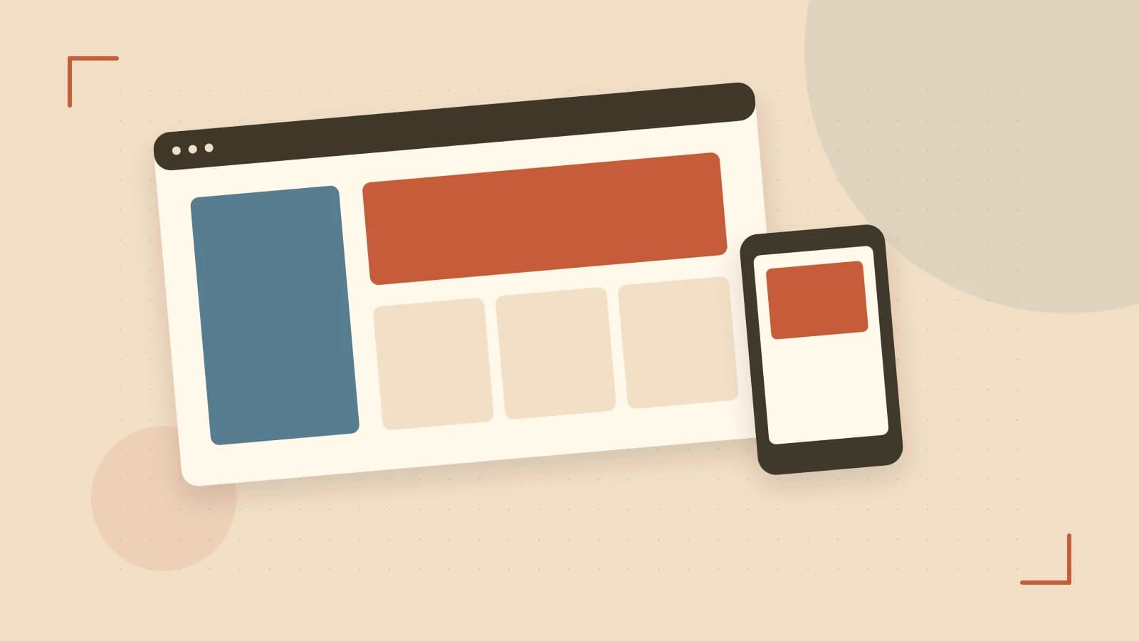 Editorial illustration of responsive browser layouts, overlapping design components and a color system