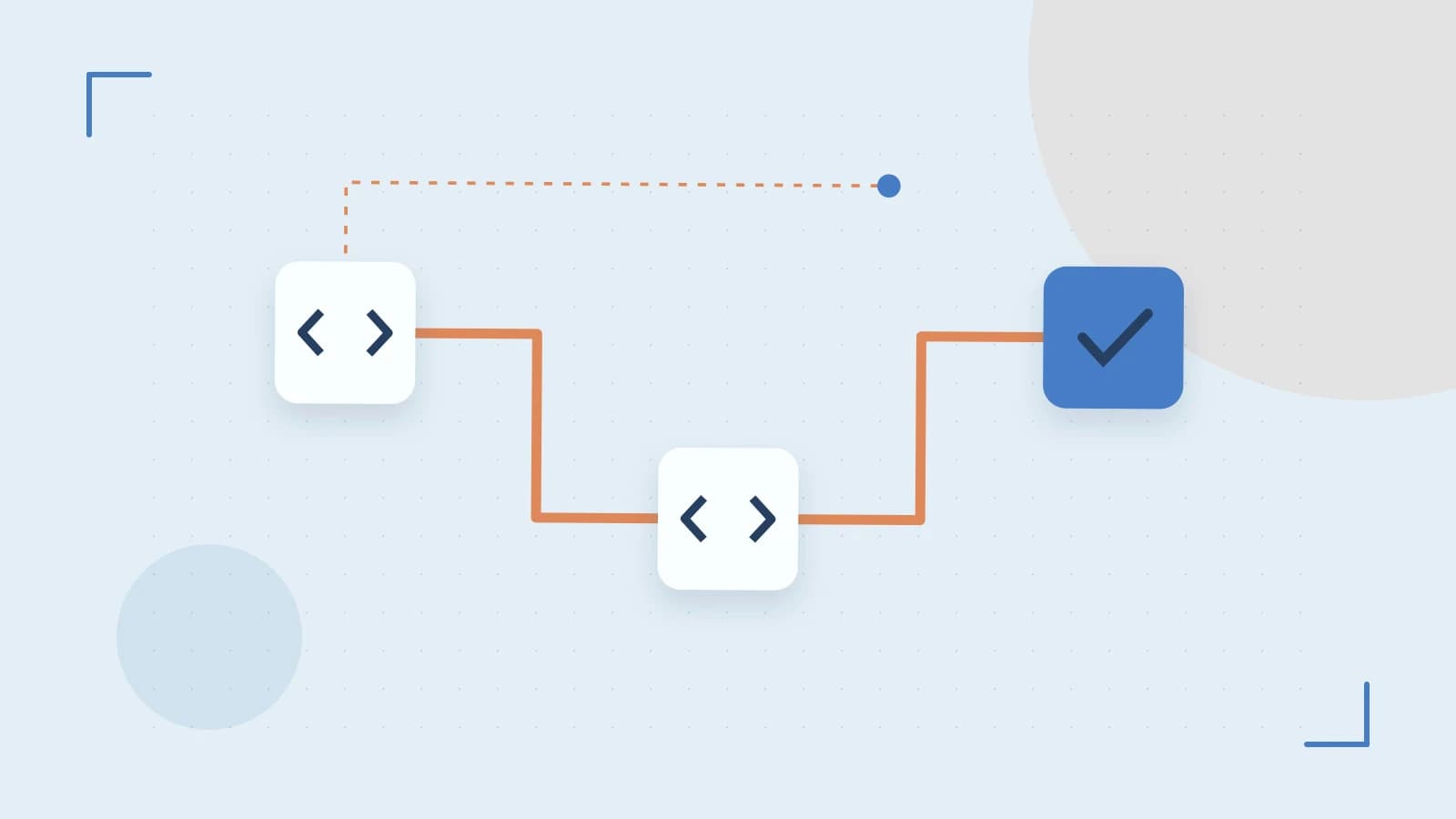Editorial illustration of a branching build pipeline, staged transformations and a completed check