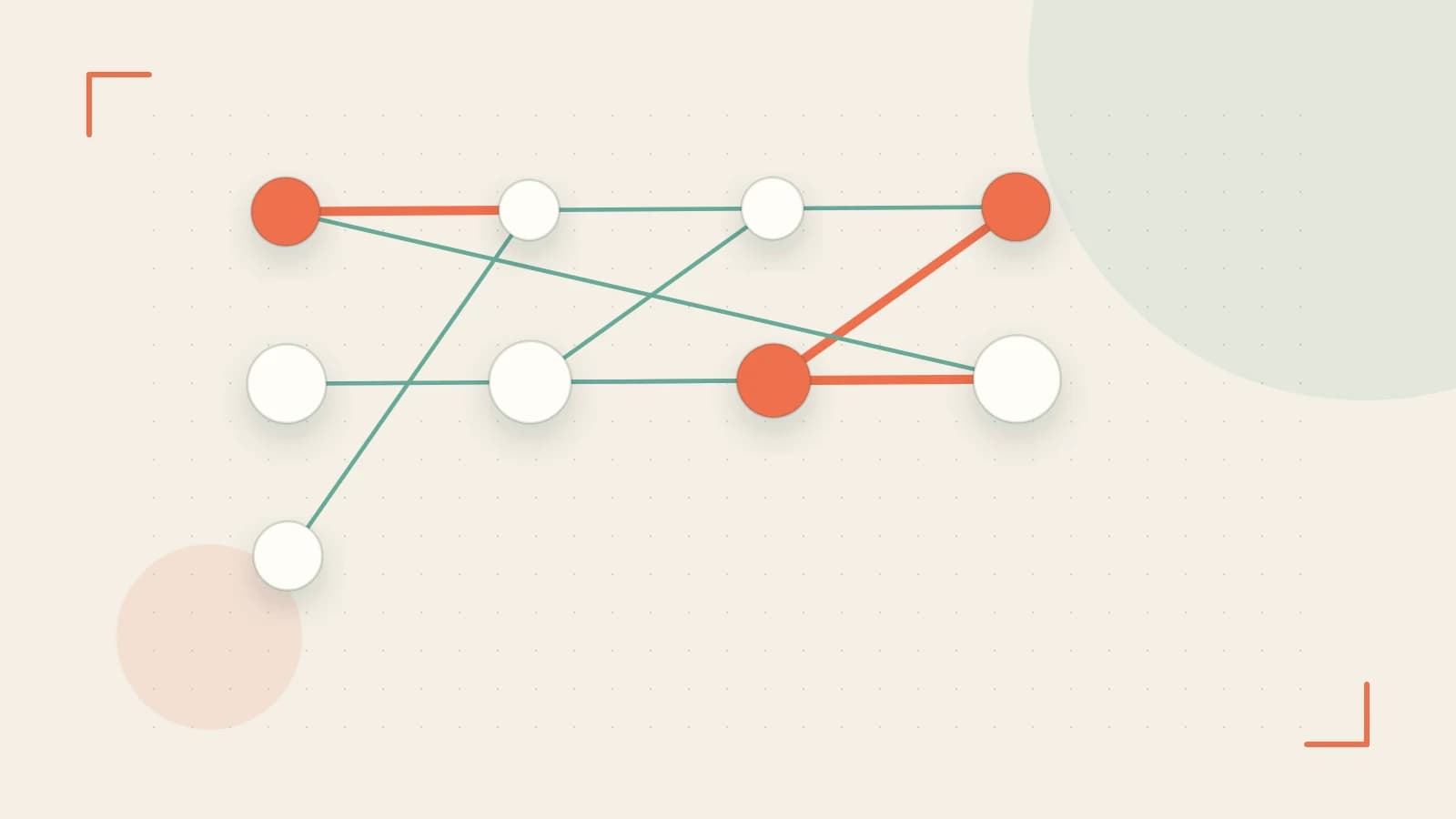 Editorial illustration of an algorithmic node graph with branching paths and a highlighted result