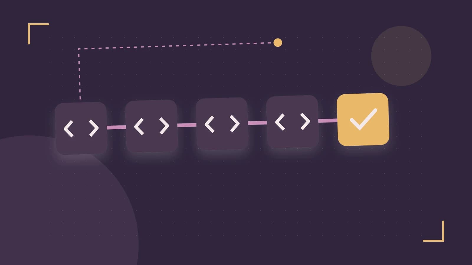 Editorial illustration of a branching build pipeline, staged transformations and a completed check