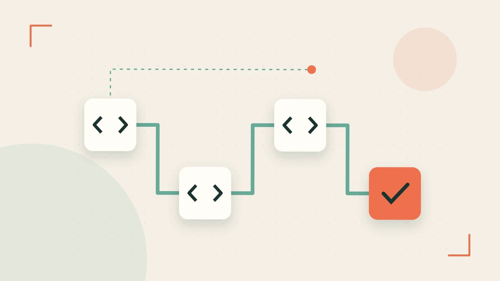 Editorial illustration of a branching build pipeline, staged transformations and a completed check