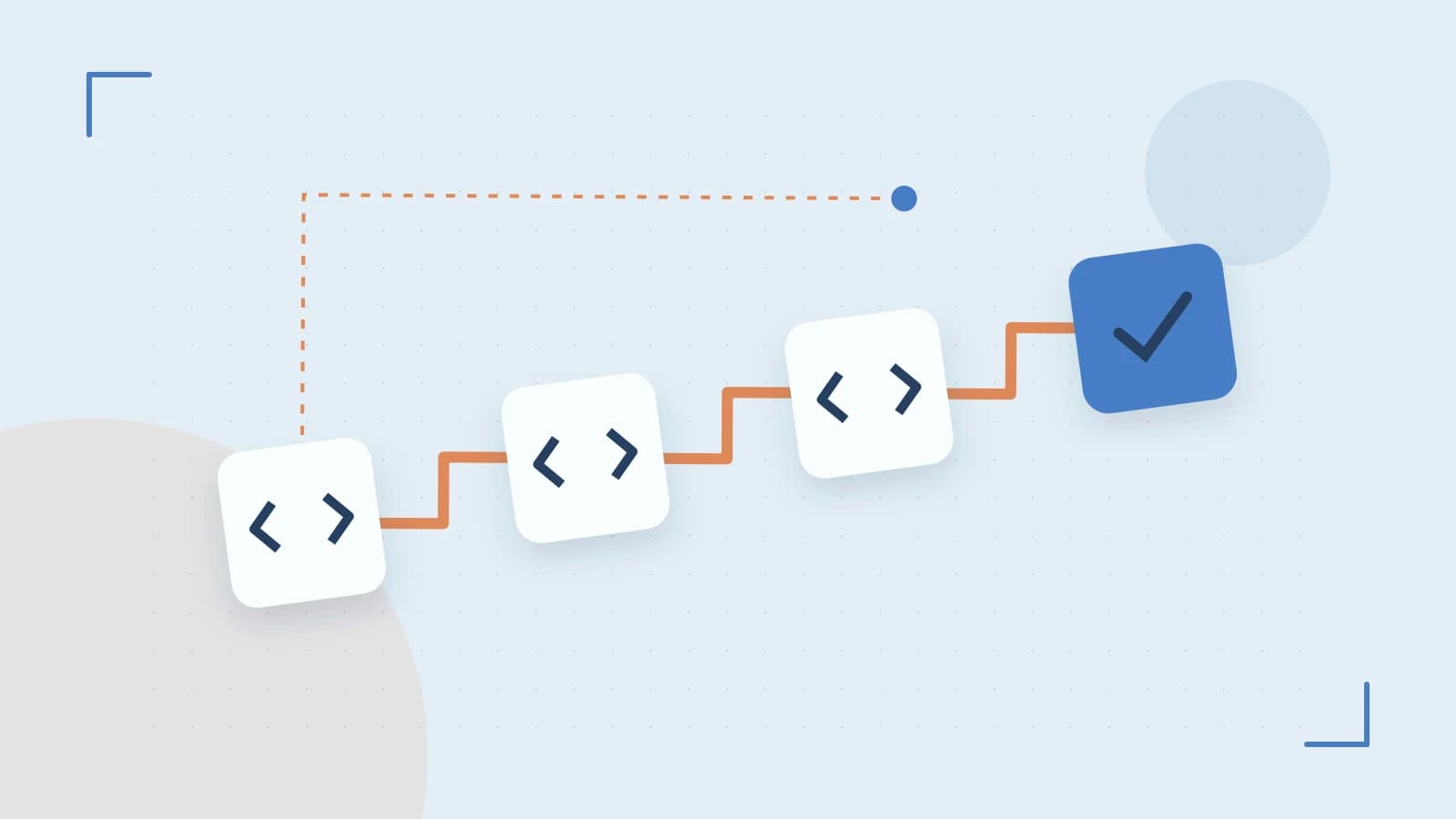 Editorial illustration of a branching build pipeline, staged transformations and a completed check