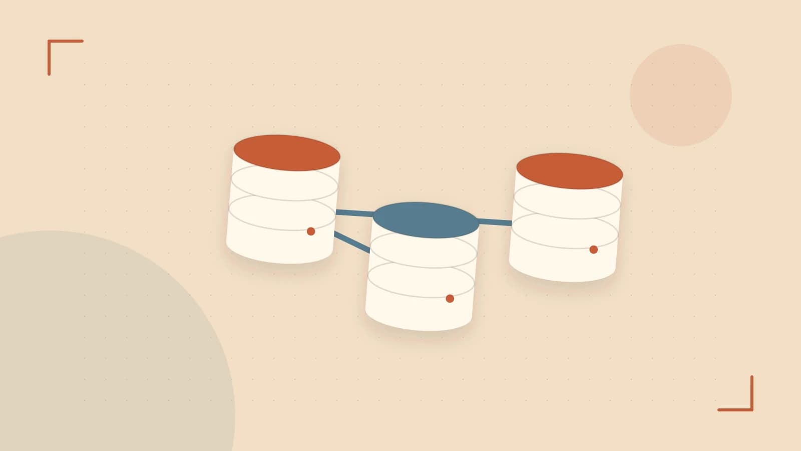 Editorial illustration of structured records, database cylinders and relationships between tables