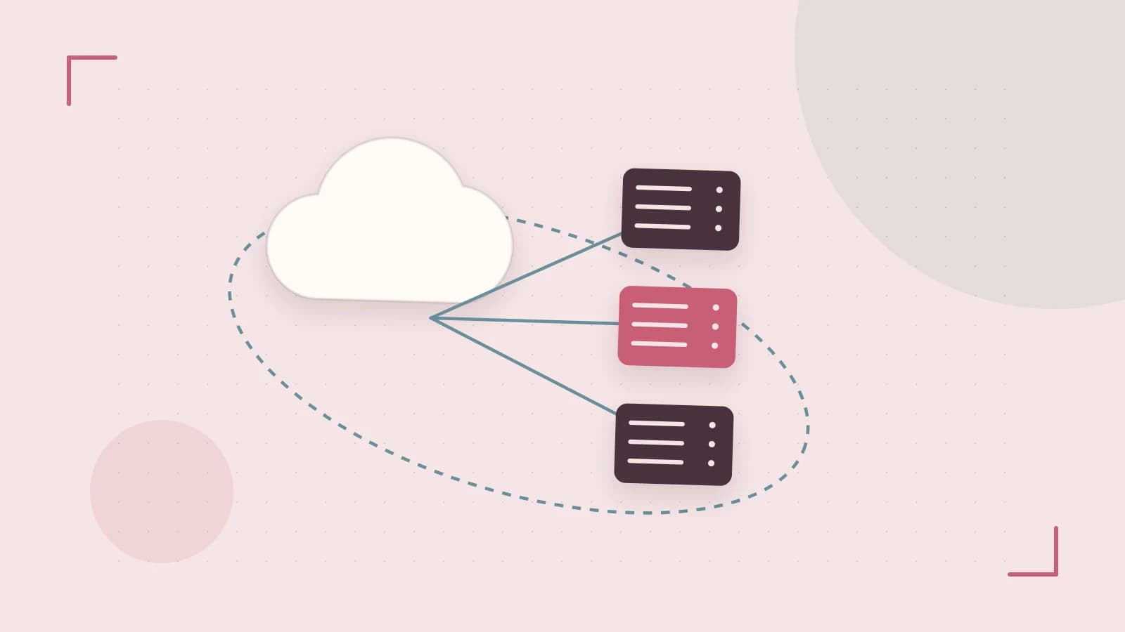 Editorial illustration of cloud infrastructure, connected server racks and an orbital service map