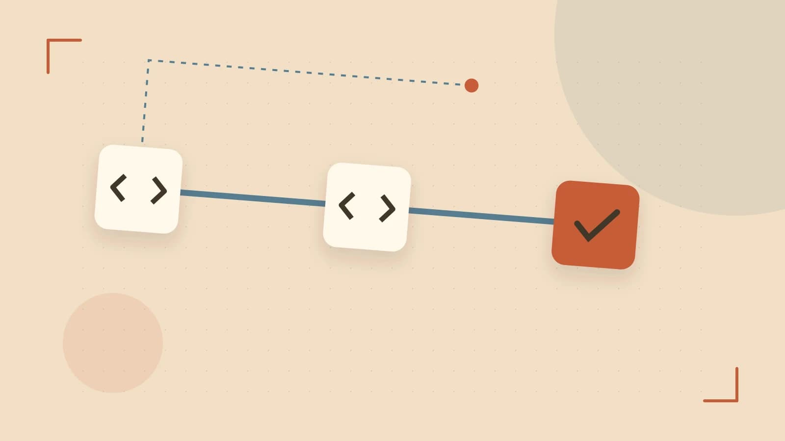 Editorial illustration of a branching build pipeline, staged transformations and a completed check