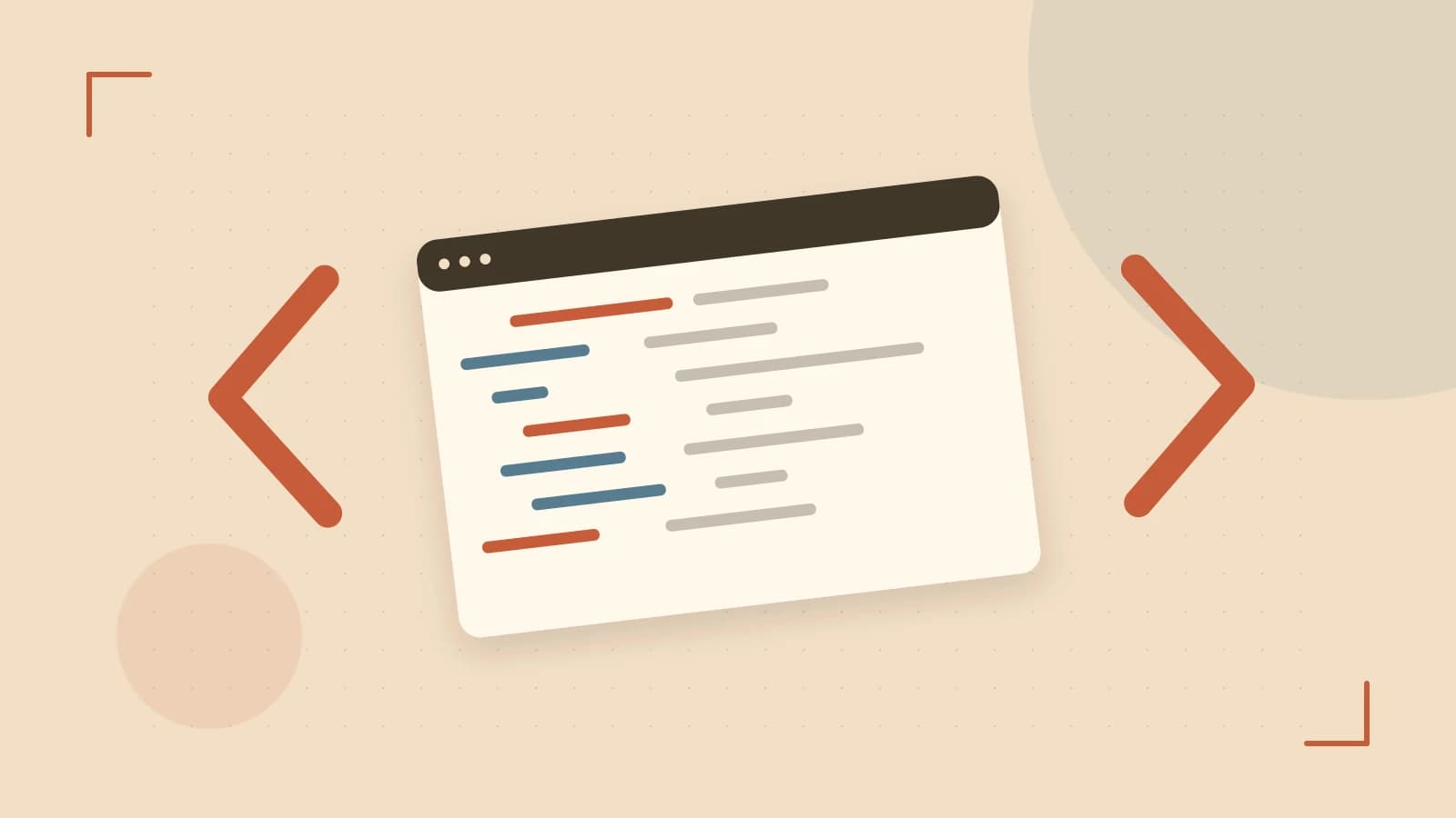 Editorial illustration of an abstract code editor, syntax blocks and oversized programming brackets