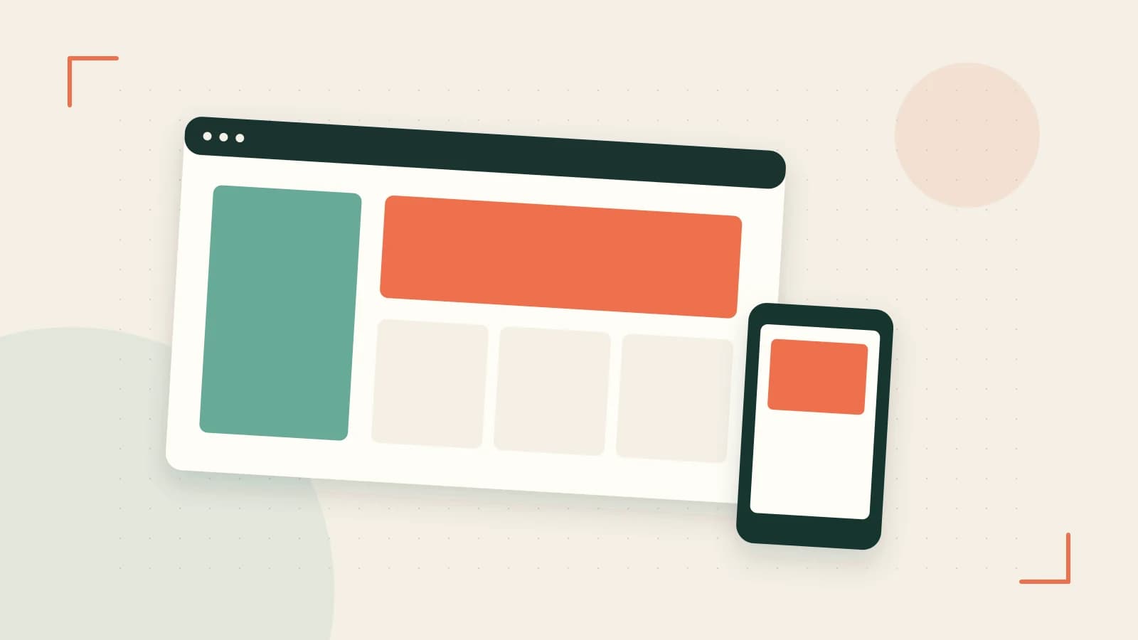 Editorial illustration of responsive browser layouts, overlapping design components and a color system