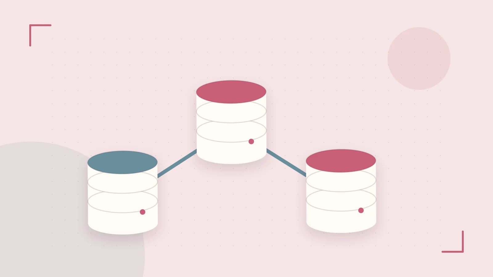 Editorial illustration of structured records, database cylinders and relationships between tables