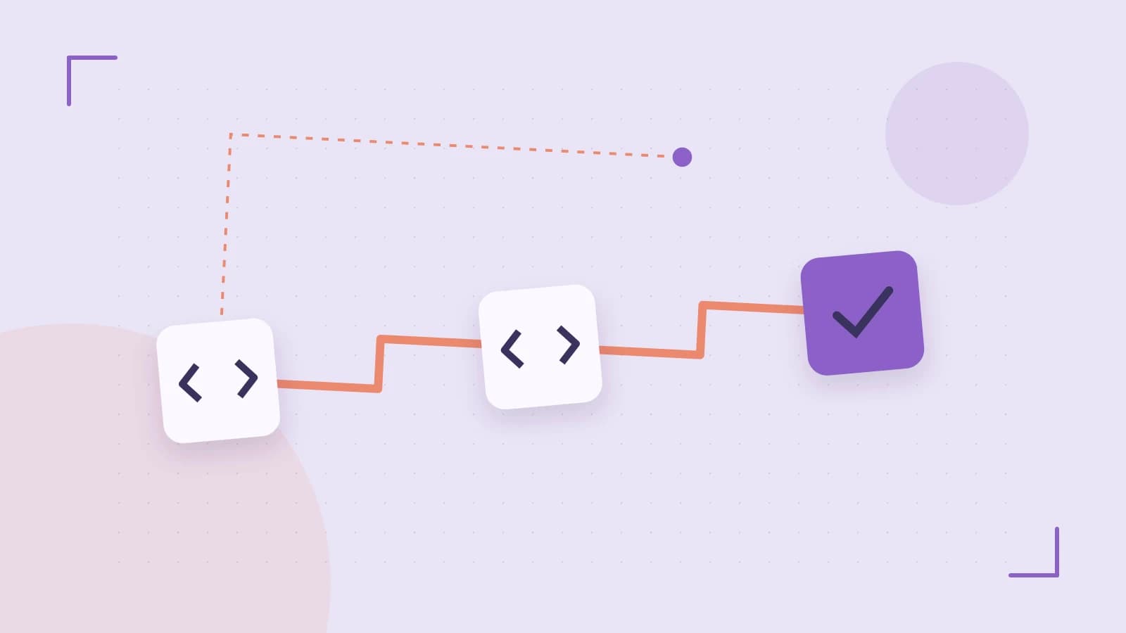 Editorial illustration of a branching build pipeline, staged transformations and a completed check